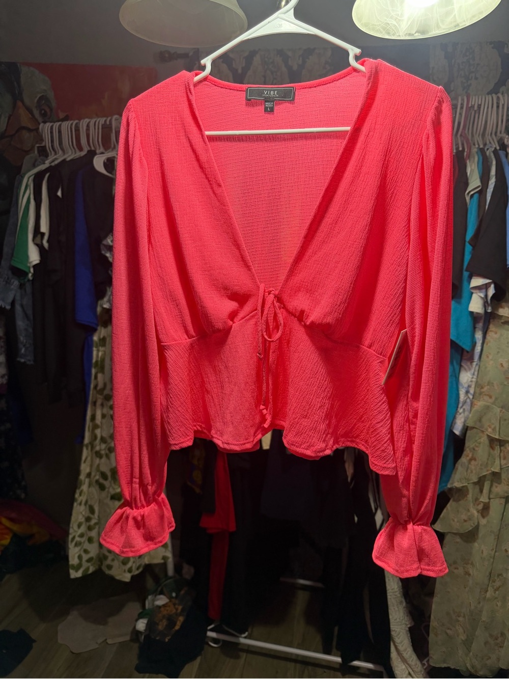 Vibe Sportswear Pink Tie-Front Long Sleeve Top